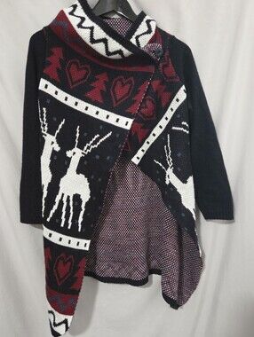 Navy Reindeer Fair Isle Asymmetrical Wrap Cardigan